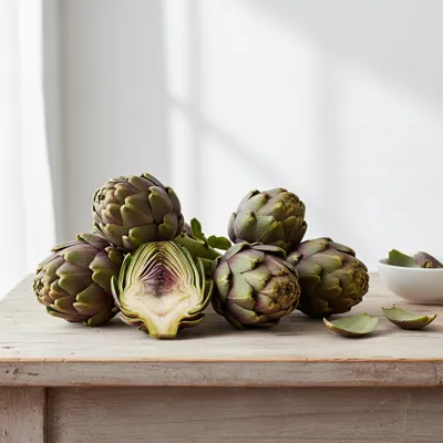 Fresh artichokes on a wooden table