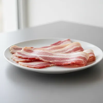 Raw bacon strips on a plate