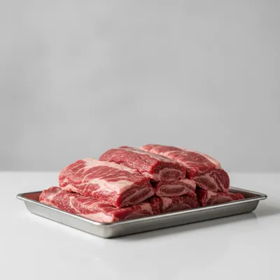 Raw beef ribs on a tray
