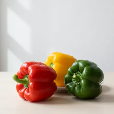 Red, yellow, and green bell peppers on a table