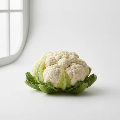 Whole cauliflower with green leaves