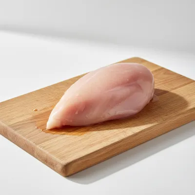 Raw chicken breast on a wooden board
