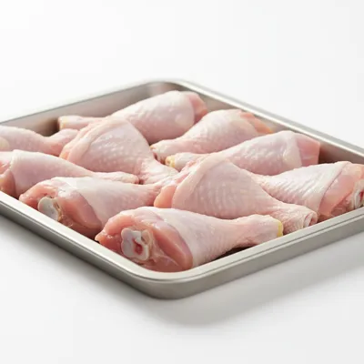 Raw chicken drumsticks on a tray