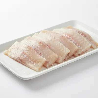 Raw cod fillets on a tray