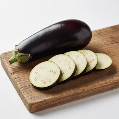 Whole and sliced eggplant on a wooden board