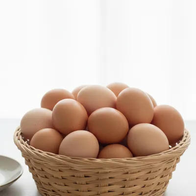 Fresh brown eggs in a basket