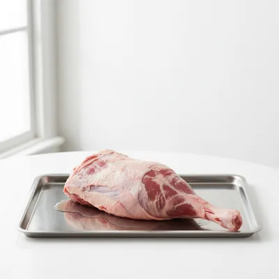 Raw leg of lamb on a tray