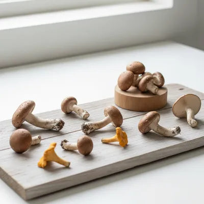 Fresh mushrooms on a wooden surface