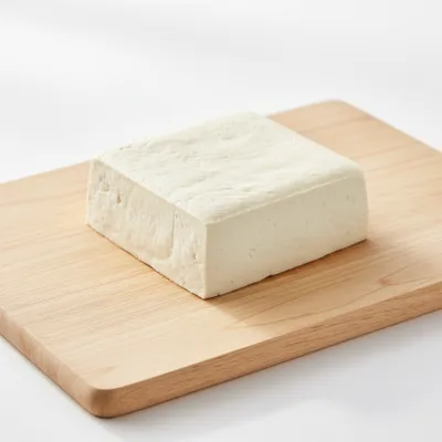 Fresh tofu block on cutting board