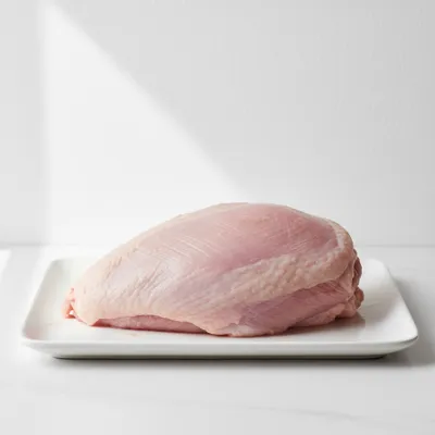 Raw turkey breast on tray
