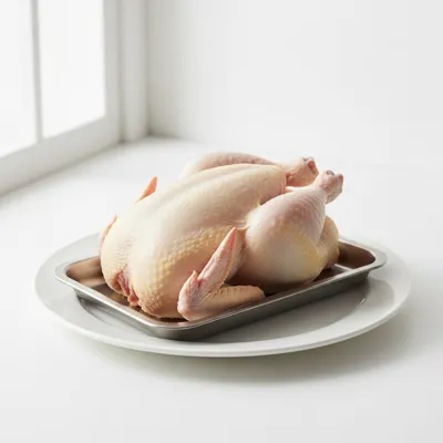 Raw whole chicken on a tray