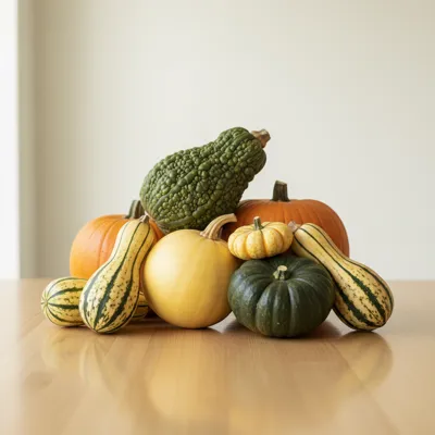 Assorted winter squash on a table